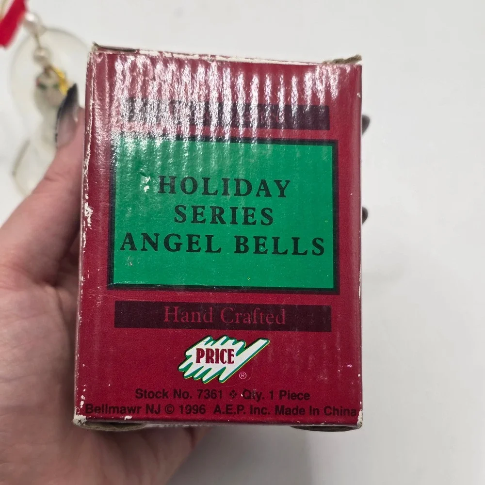 Price Angel Bell Ornament Clear Glass White Cherub 1996 Holiday Vintage 7361 Red